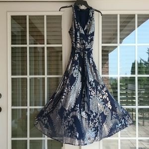 Leslie Fay halter navy/silver midi dress